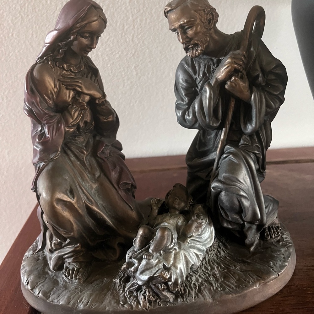 Holy Family; Mary, Joseph and Baby Jesus bronze like ceramic